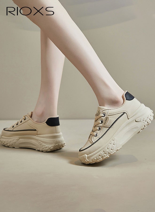 RIOXS Women's Comfort Shoes, 4.5cm Thick Soled Sports Shoes, Fashion Chunky Platform Sneakers for Women, Casual Dating Wedge Sneakers, Classic Lace-Up Athlesiure Shoes, Lady's Lightweight Walking Shoes, Low Top Sneaker for Female,  Anti-slip Trainers for Jogging Running Shopping Daily Wear, Khaki Footwear - Image 3